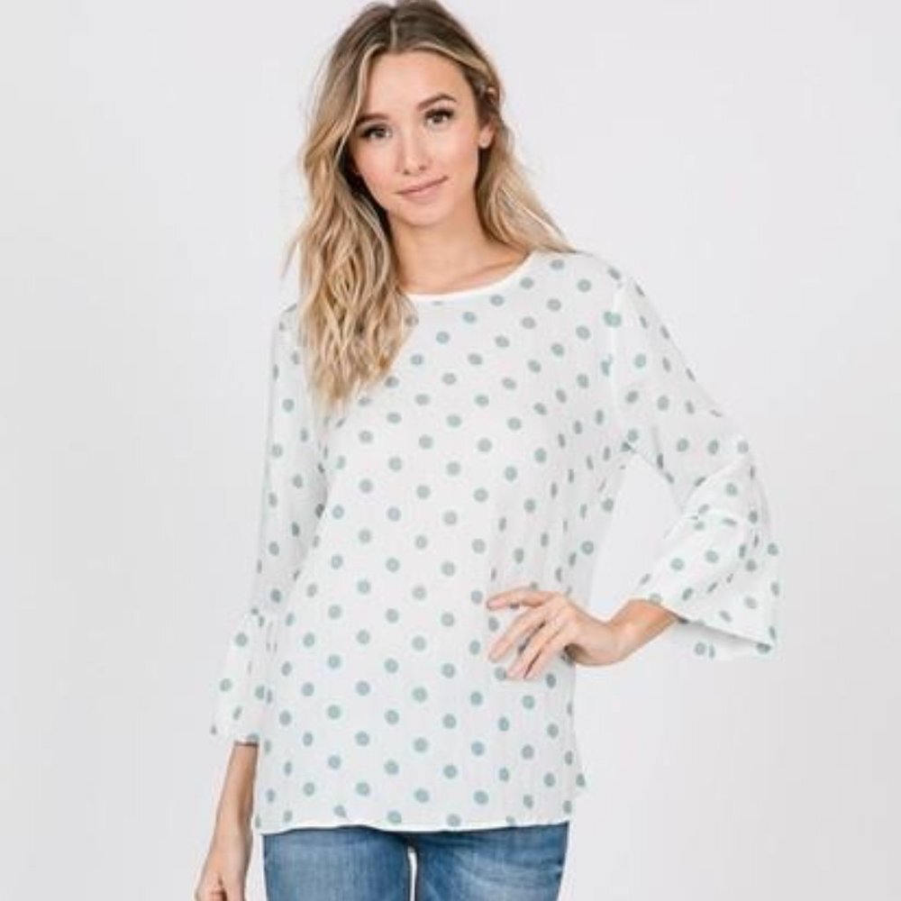 Ces Femme Sage Polka Dot Ruffle Sleeve Top